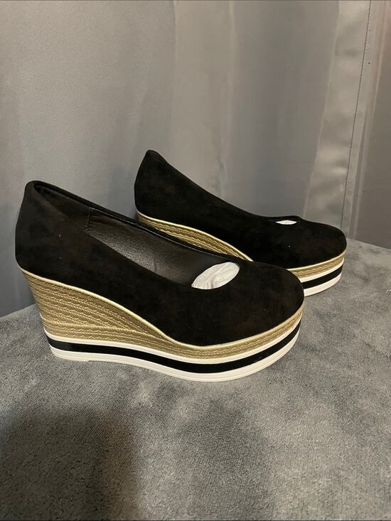 No brand Shoes - Black Suede Wedge Espadrille with Gold Platform Trim